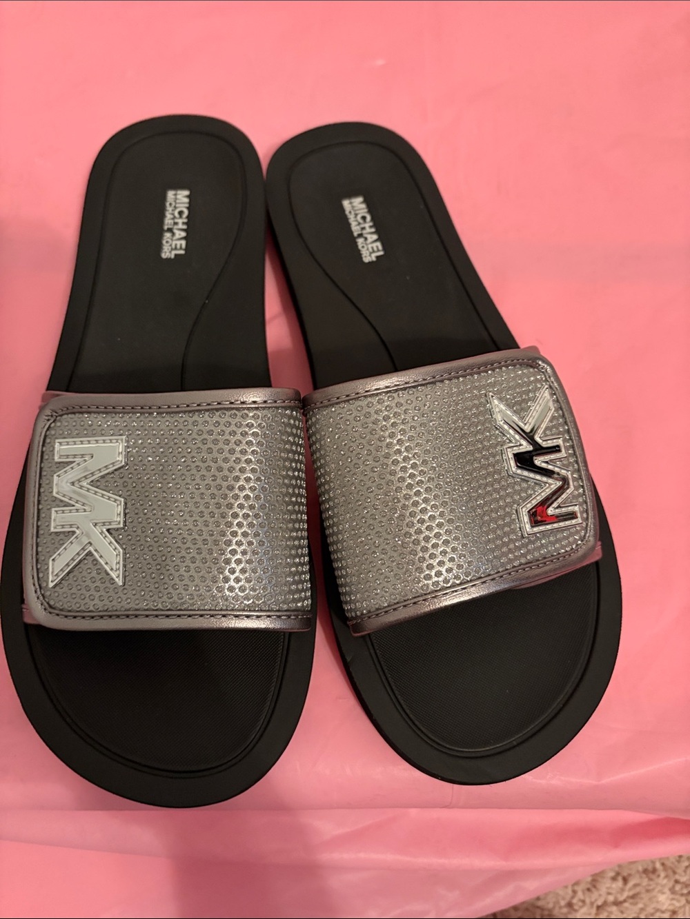 Michael Kors Metallic Silver MK Emblem Slide Sandals for women